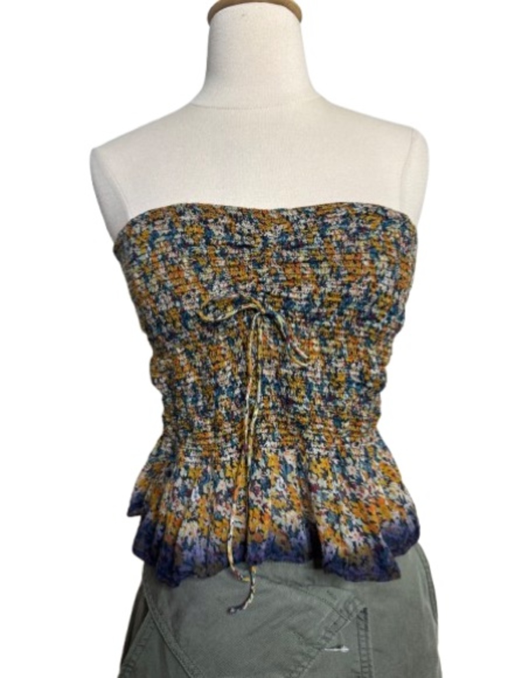 Free People Smocked Strapless Floral Peplum Top in Mustard & Blue